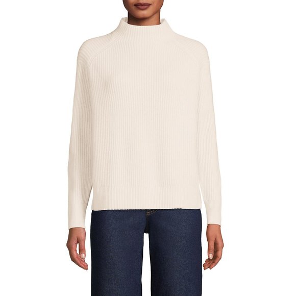 Ribbed Mock Neck thick Pure Cashmere Sweater Cream ivory LP PL 14P P14 16P P16 - Picture 1 of 7